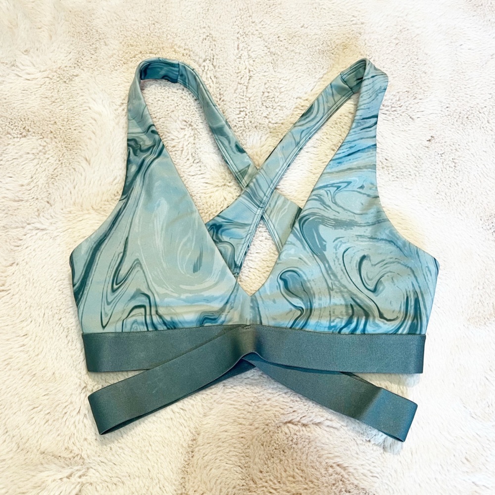 Spiritual Gangster Marble Print Crisscross Sports Bra in Teal